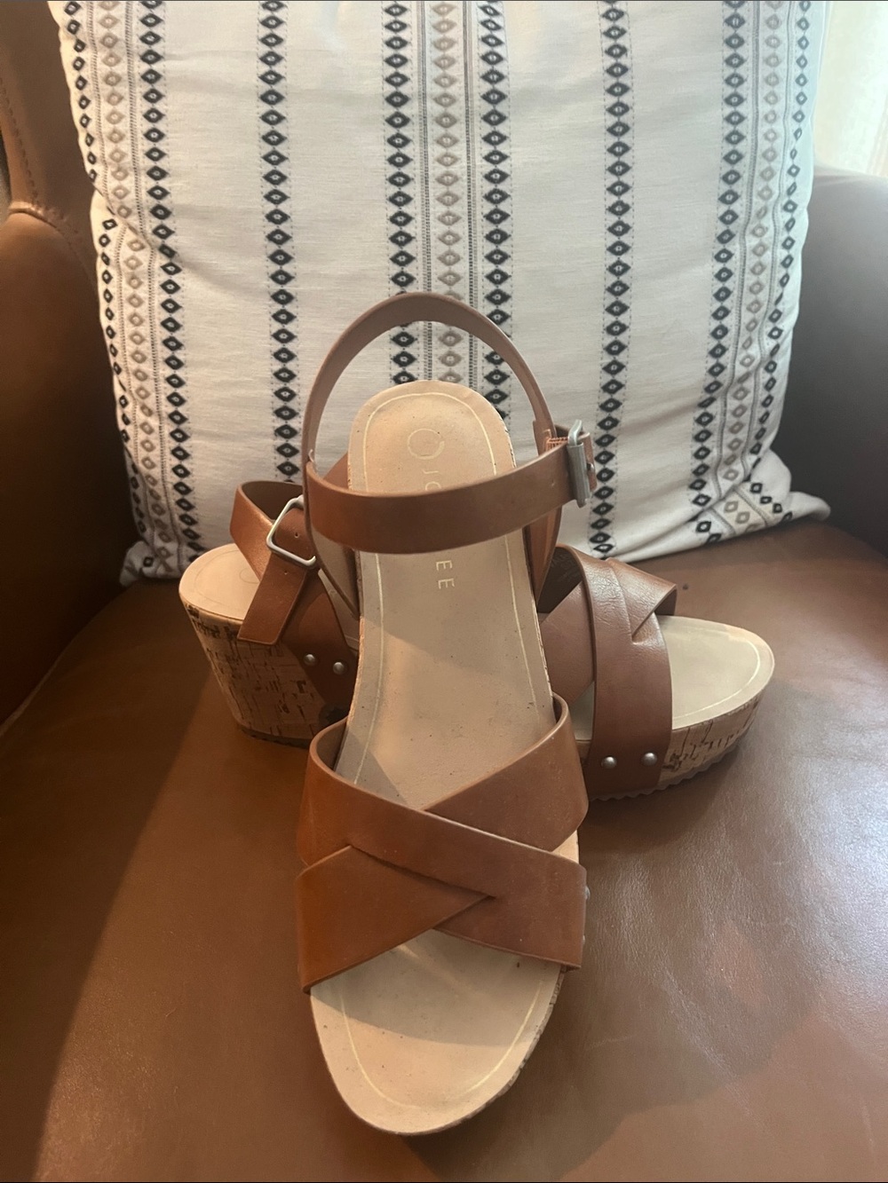 Journee Brown Women's Cork Wedge Sandals with Ankle Strap